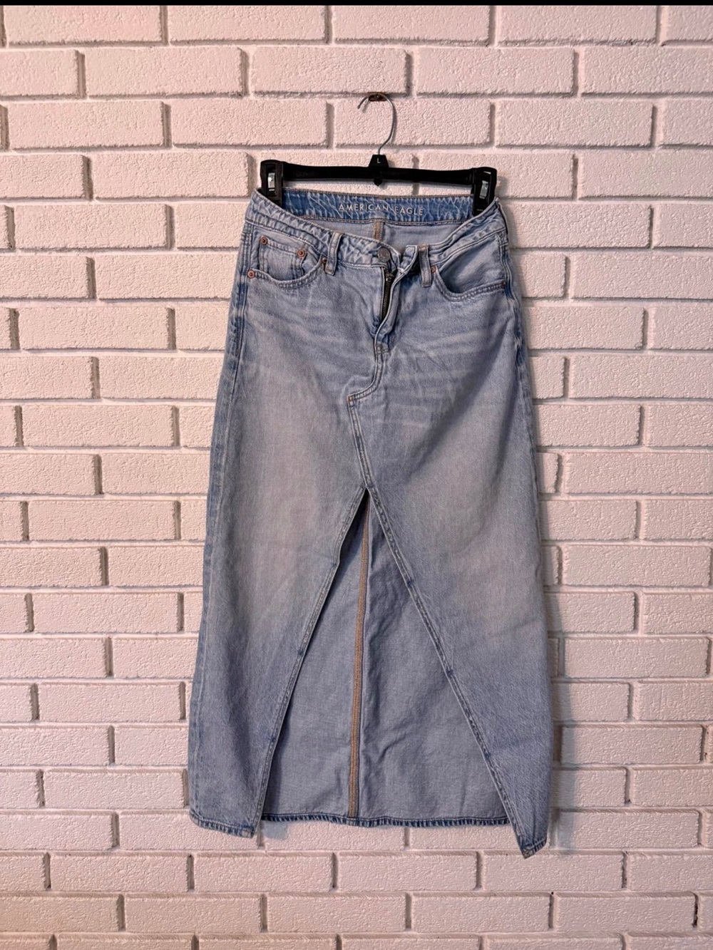 American Eagle Light Wash Denim Midi Skirt with Front Slit